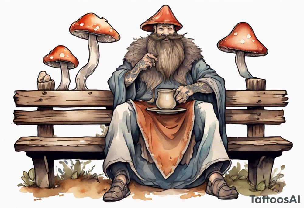a mushroom creature with a long beard wearing a  medieval tunic sitting on a bench by a fireplace drinking from a wood cup, smiling tattoo idea