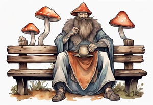 a mushroom creature with a long beard wearing a  medieval tunic sitting on a bench by a fireplace drinking from a wood cup, smiling tattoo idea