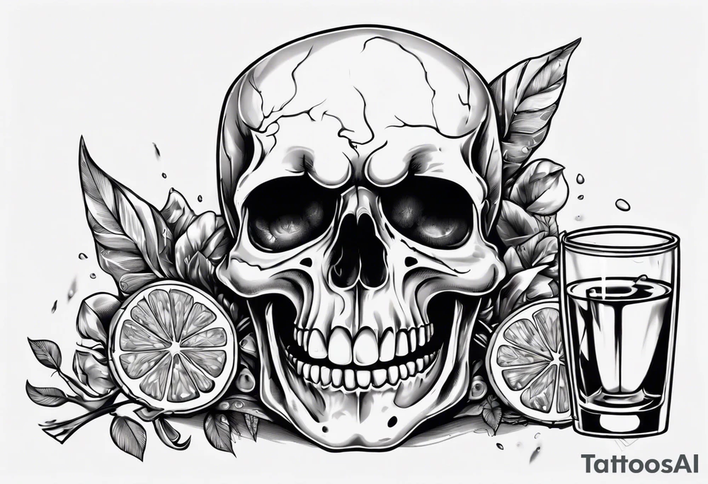 A smiling looking to the left scull inside the glass with alcohol and piece of lime tattoo idea