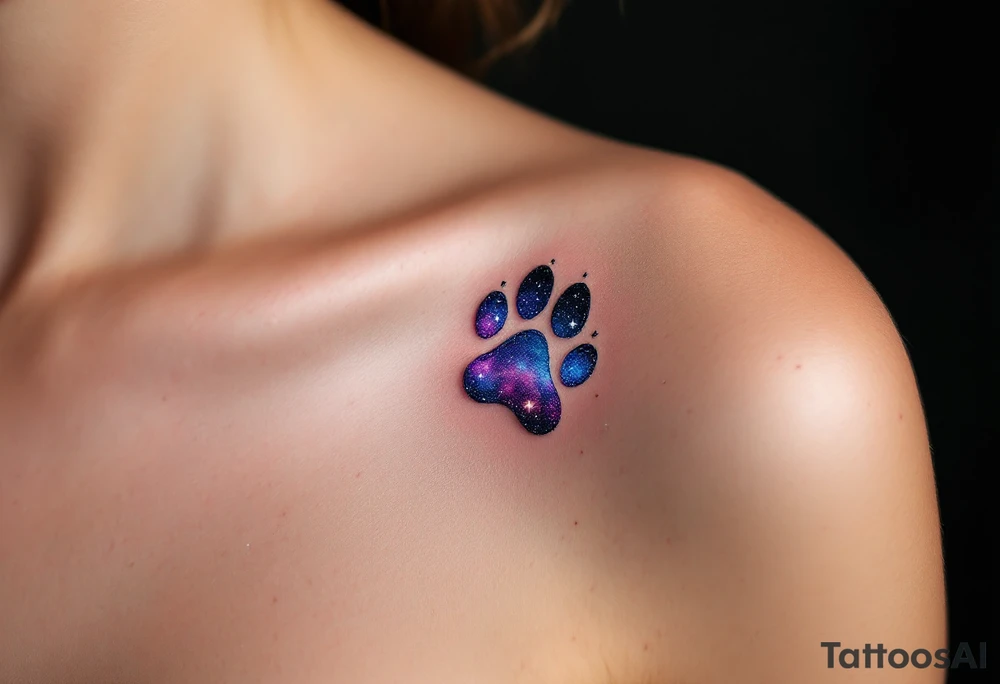 Galaxy Paw Prints – Small paw shapes filled with swirling purple, indigo, and midnight blue, with tiny white stars, resembling a galaxy trapped in each step. tattoo idea