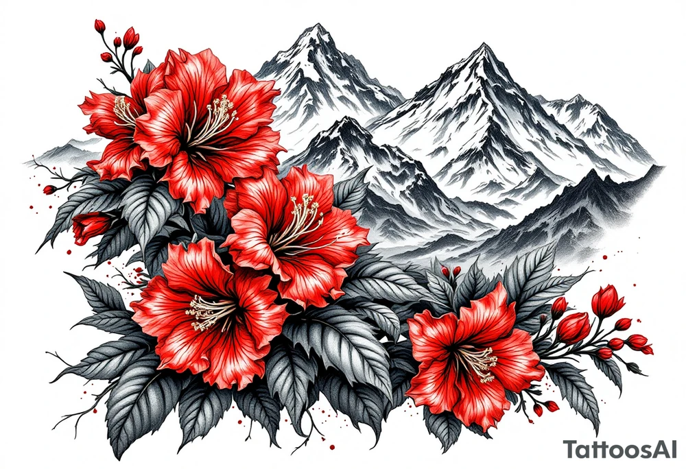 vertical wrist size red  and black rhododendron trippy with Himalayas behind tattoo idea