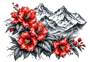 vertical wrist size red  and black rhododendron trippy with Himalayas behind tattoo idea
