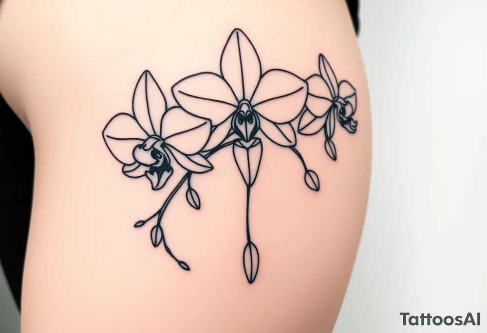 3 delicate fine line orchids realistic with a mix with vagina and branching tattoo idea