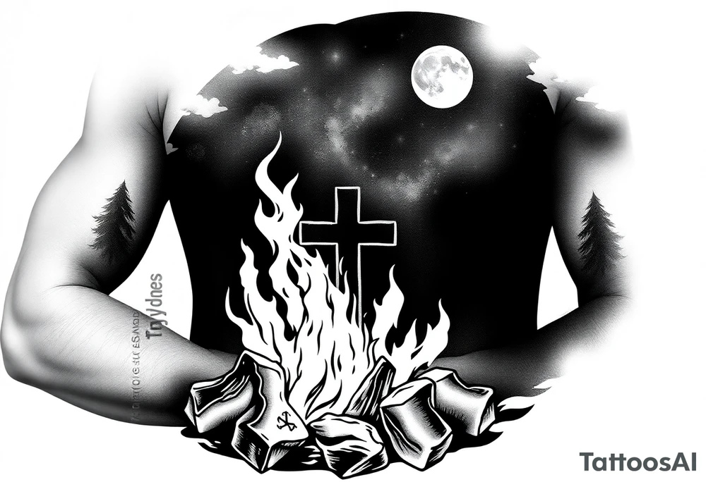 Campfire with cross hidden in the flames include the great outdoors and night sky make sure cross doesn't look like it is on fire tattoo idea