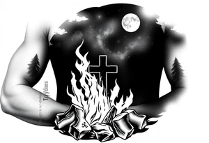 Campfire with cross hidden in the flames include the great outdoors and night sky make sure cross doesn't look like it is on fire tattoo idea