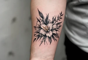 1 black band with roman numerals circuling near elbow and 1 black band lower forearm, both with roman numerals in them. between the black bands fill the space with narcissus flowers and holly tattoo idea