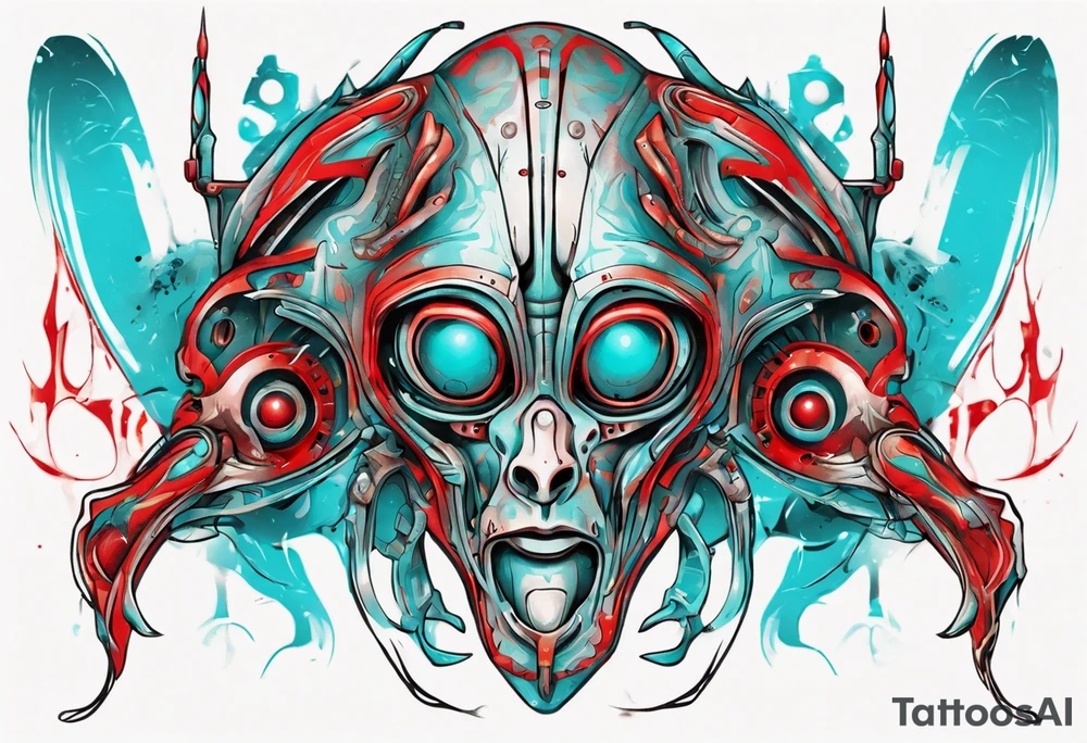 an art in the style of abstract alien, textured pigment planes, red and cyan, stencil art tattoo idea