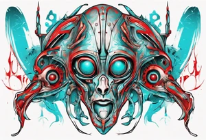 an art in the style of abstract alien, textured pigment planes, red and cyan, stencil art tattoo idea