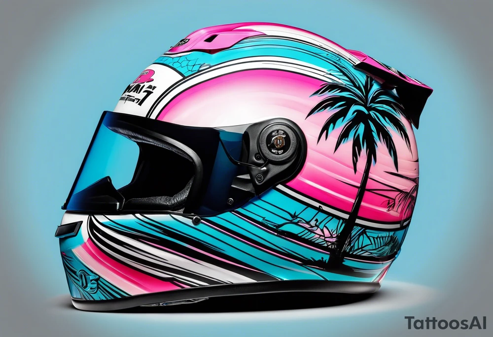 Formula 1 helment with the Miami name a palm tree and light blue black and pink colors 3/4 view tattoo idea