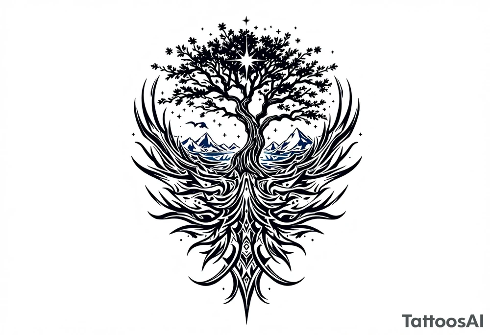 tattoo that has an acacia tree with mountains, ocean with a ship wreck with sharks and the bright northern star tattoo idea