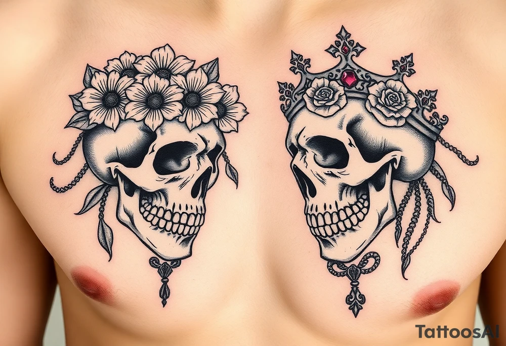 ornate man and woman’s skulls both adorned with a crown and the woman’s skull should have a crown of wild daisies roses with Thornes. The mans should have emeralds. With a background of gold coins and rubys treasure tattoo idea