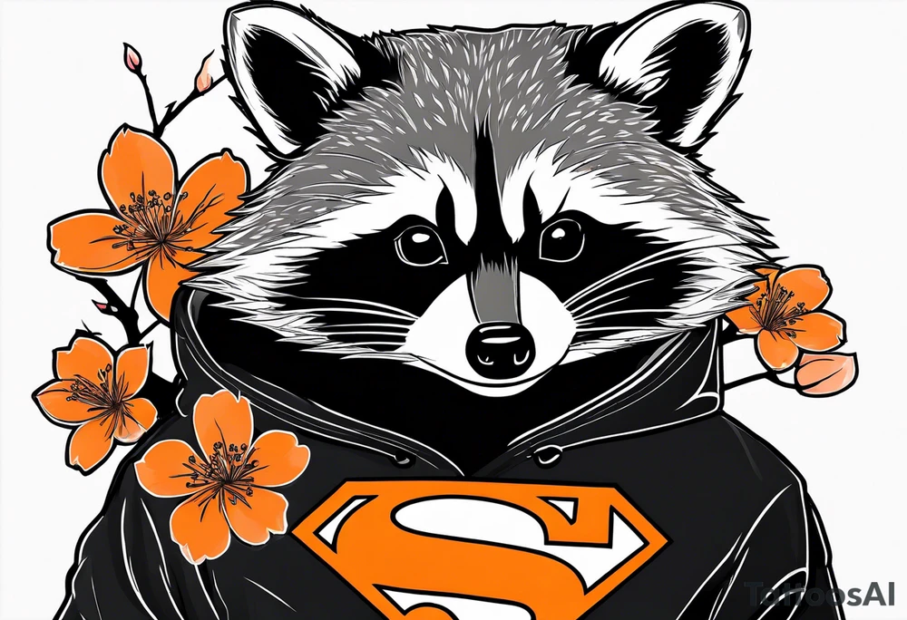 Raccoon wearing a white Superman logo on a black hoodie and orange Japanese cherry blossoms tattoo idea