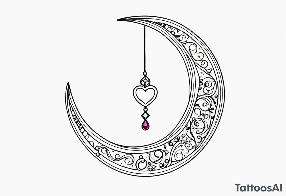 Crescent moon with heart shaped jewels dangling from it tattoo idea