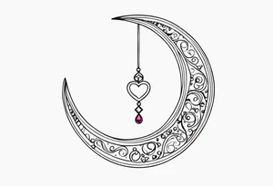Crescent moon with heart shaped jewels dangling from it tattoo idea