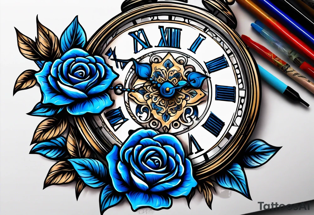 Pocket clock with blue roses tattoo idea