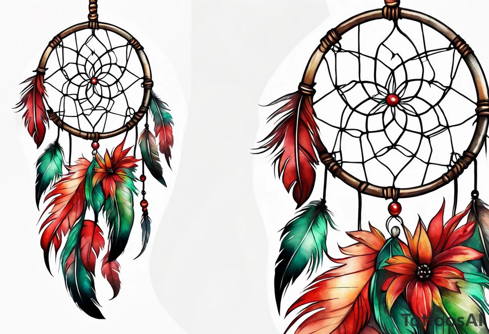 dreamcatcher with 3 feathers red green tattoo idea