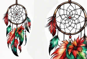 dreamcatcher with 3 feathers red green tattoo idea