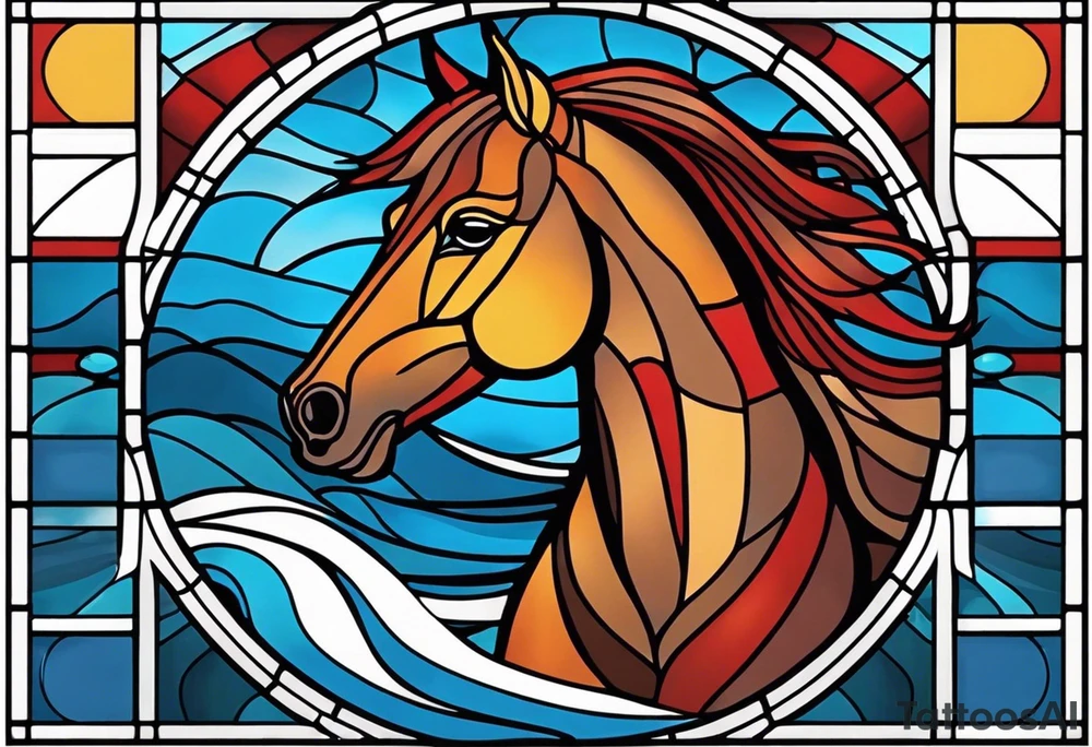 stained glass window with a red and brown horse's head rising from the blue ocean waves tattoo idea