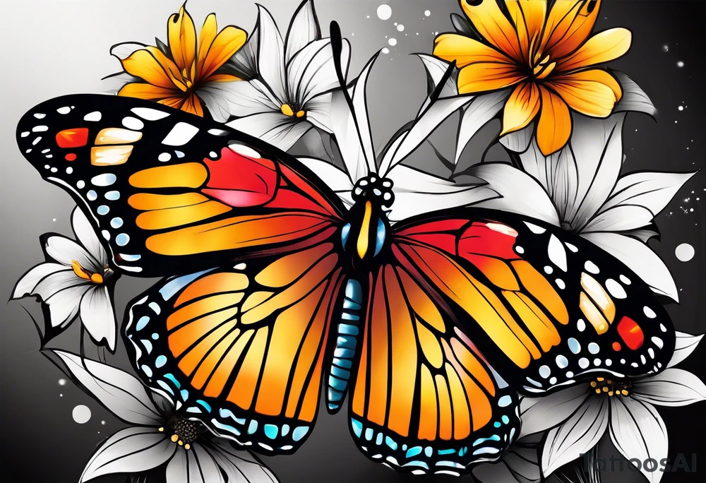 Butterfly: “A vibrant butterfly with colorful wings, resting on a flower, showcasing transformation and beauty.” tattoo idea