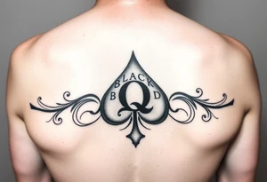 A spade womb tattoo with a Q in the center, with three points around the outside. The first reading, "BLACK". The second reading, "SEED". The third reading, "ONLY". tattoo idea