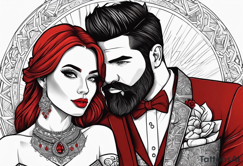 Busty red haired woman with a bearded man who has black hair getting married tattoo idea
