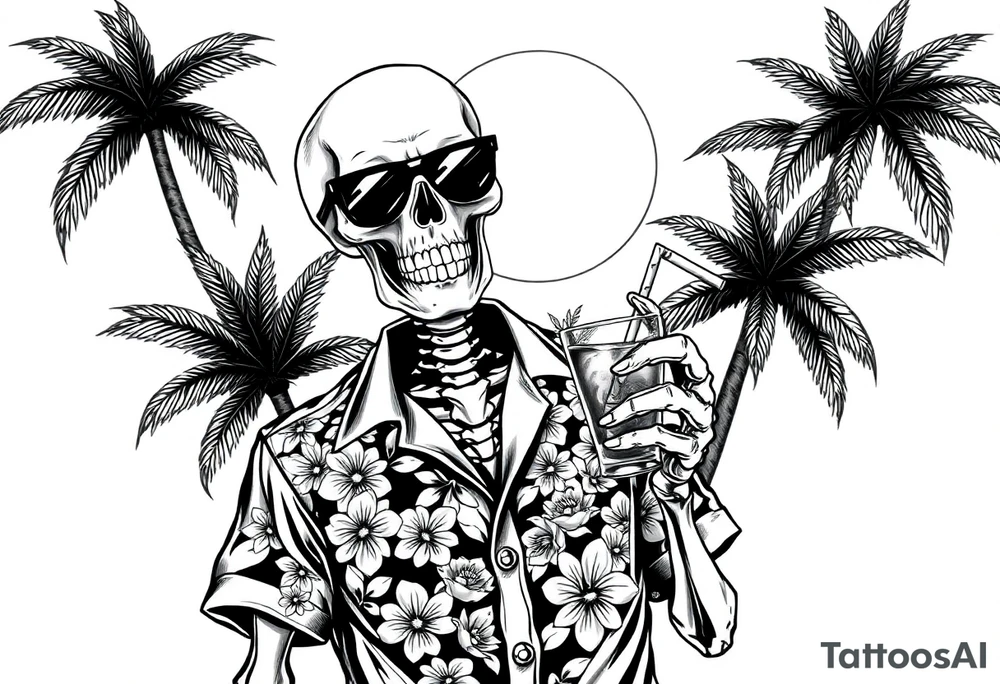 a skeleton in hawaiian shirt, palms, a cocktail,sun,sun-glasses,sea. tattoo idea