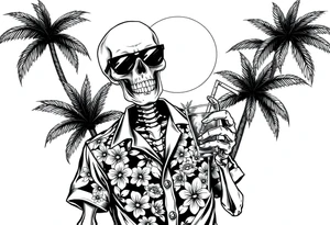 a skeleton in hawaiian shirt, palms, a cocktail,sun,sun-glasses,sea. tattoo idea