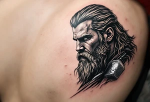 A side profile of Thor with a cracked Mjölnir hammer beside him, symbolizing his journey of loss and growth, in black and grey realism with silver detailing. tattoo idea