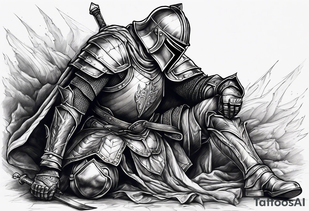 Wounded knight on his two knees in battlefield tattoo idea