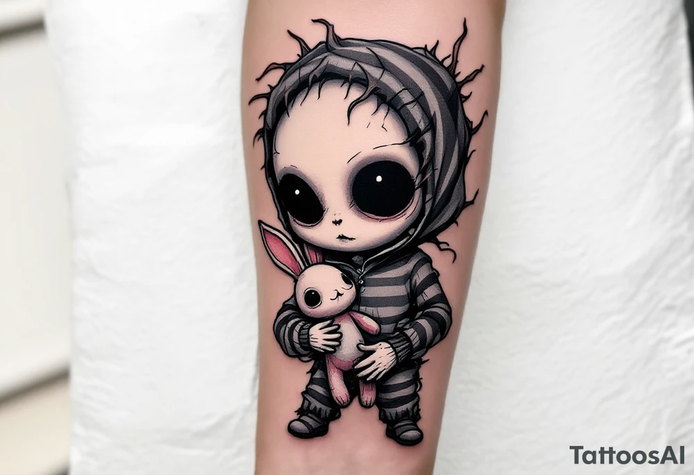 Tim Burton’s black-eyed orphan holds a broken toy rabbit, dressed in dusty pink and gray stripes. tattoo idea