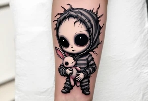 Tim Burton’s black-eyed orphan holds a broken toy rabbit, dressed in dusty pink and gray stripes. tattoo idea