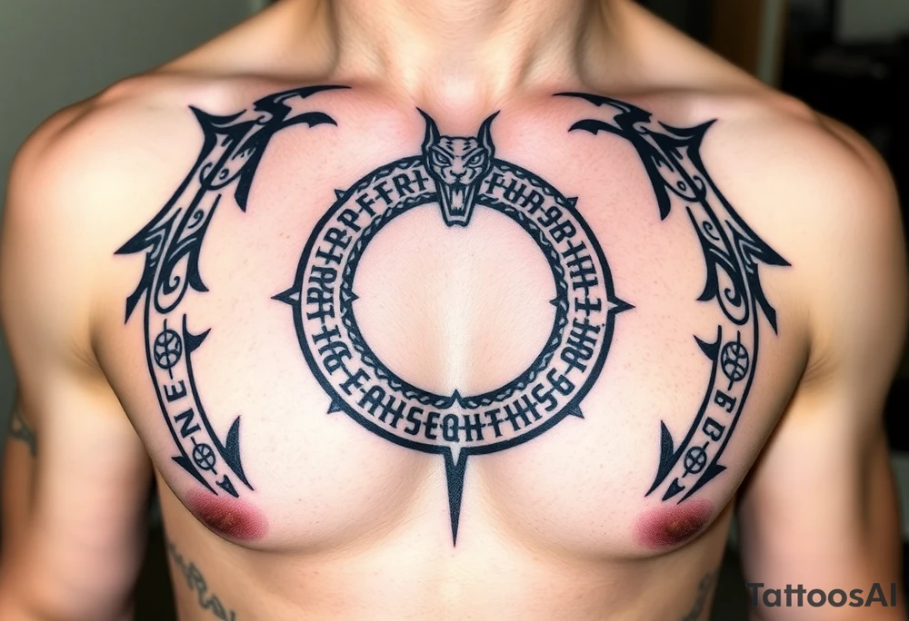 A Viking-inspired Ouroboros snake forming cyrcle with Norse runes engraved along its body, colored in deep charcoal with silver etchings. tattoo idea