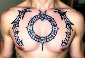 A Viking-inspired Ouroboros snake forming cyrcle with Norse runes engraved along its body, colored in deep charcoal with silver etchings. tattoo idea