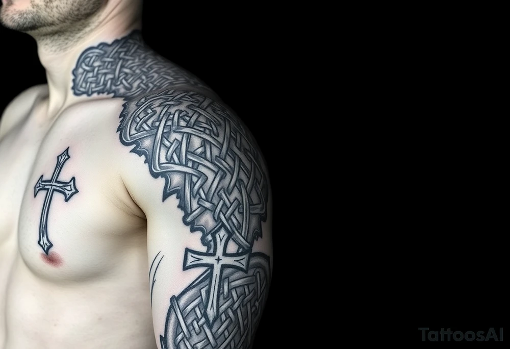 Huge shoulder tattoo of Celtic chainmail covering entire arm up to neck with a cross tattoo idea