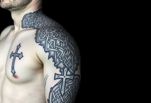 Huge shoulder tattoo of Celtic chainmail covering entire arm up to neck with a cross tattoo idea