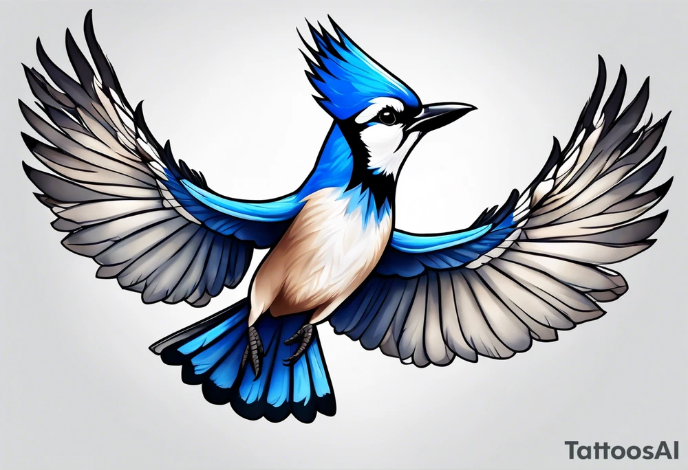 Strong blue jay bird in flight downward tattoo idea