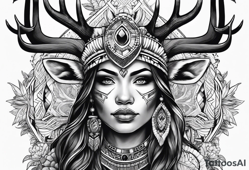 Native American woman with deer antlers tattoo idea
