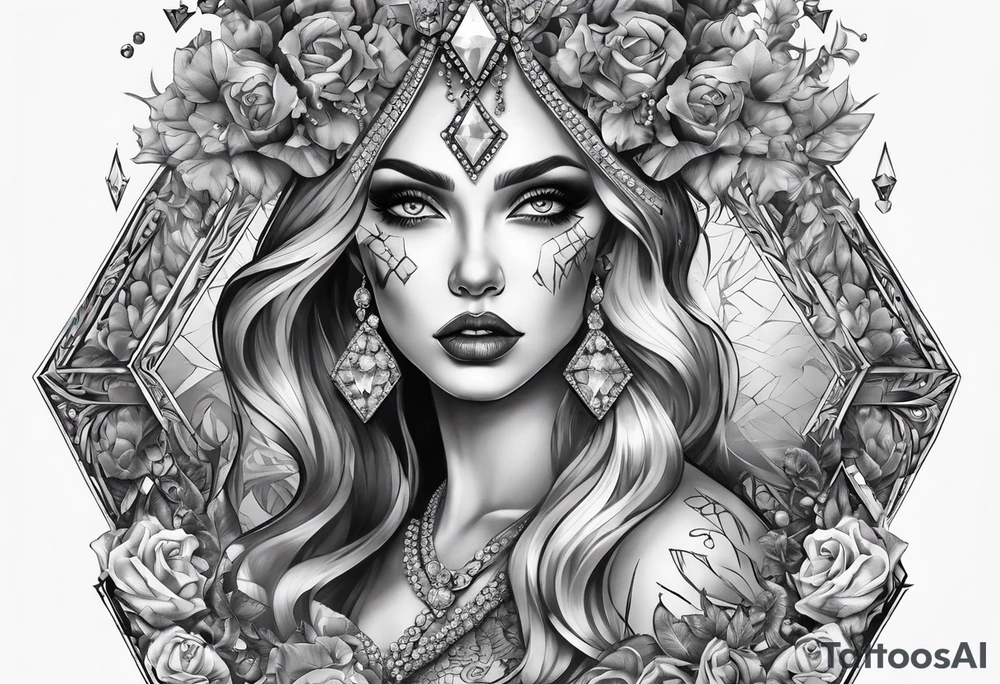 Fancy queen zombie diamonds and gemstones full sleeve tattoo idea