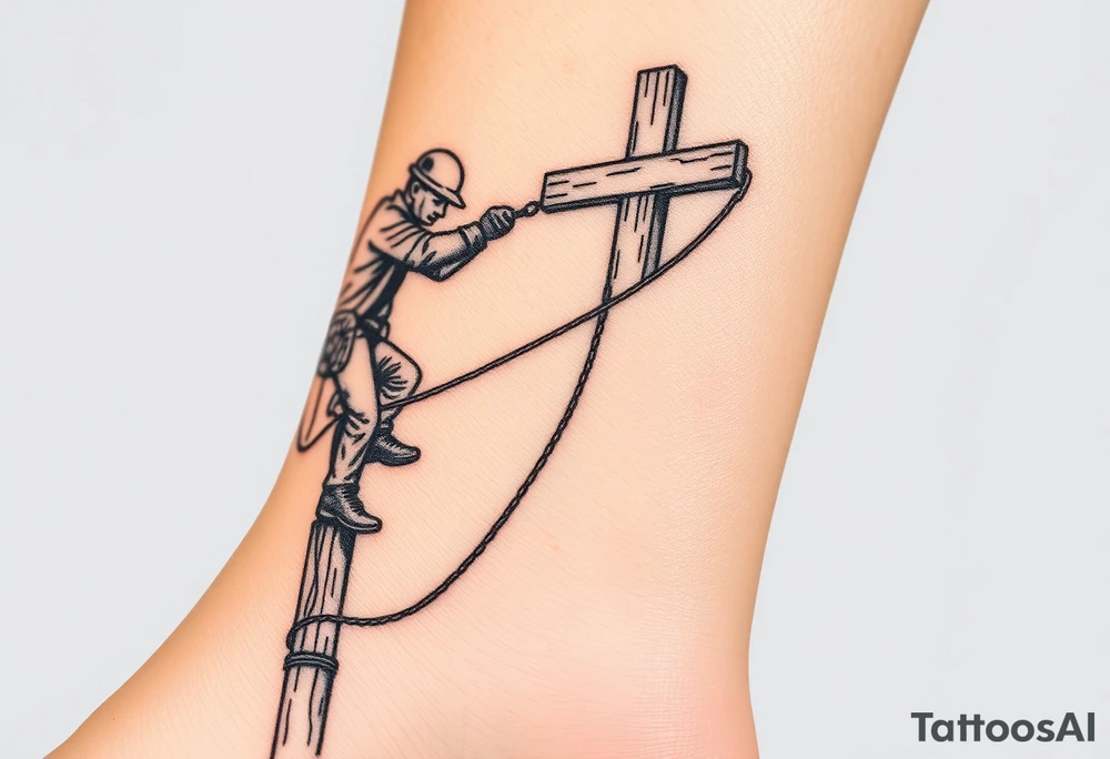 power lineman climbing a wooden 12kv pole. Make the pole a cross that has a hidden resemblance to god. tattoo idea
