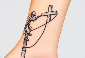 power lineman climbing a wooden 12kv pole. Make the pole a cross that has a hidden resemblance to god. tattoo idea