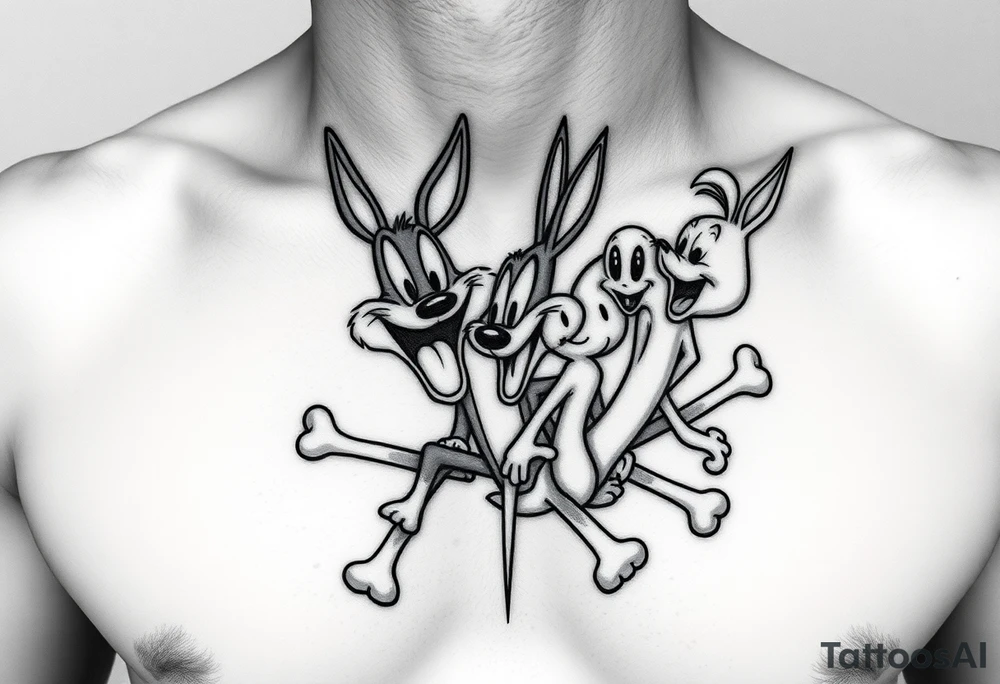i want the looney toons breaking out of right rib cage and as their body parts exit they turn to bones (representing my four kids 3 boys 1 girl) taz, bugz, tweety, lola tattoo idea