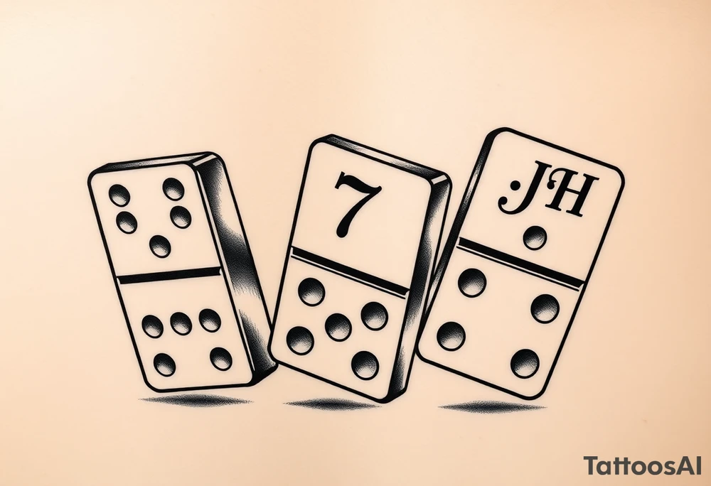 Tattoo design of three domino tiles falling like in a real domino chain reaction, captured in motion. Retro realistic black and grey shading, not fine-line. The tiles show: one with 8 (4+4), one with 7 (4+3), one with 6 (six dots on the bottom half). On the top half of the domino with 6, add the initials ‘JH’ in elegant retro lettering. Dynamic perspective, sense of motion, vintage realistic tattoo style. tattoo idea