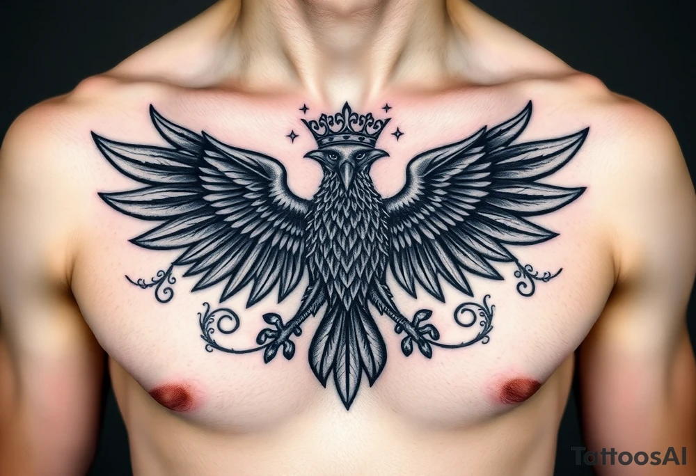 Chest tattoo,powerful two polish symetricals majestic darks eagle with crown, surrounded by lure ornaments tattoo idea