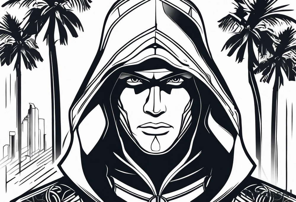 assassins creed character that is in the style of tron with palm trees tattoo idea