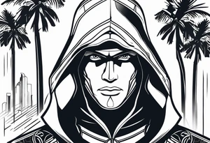 assassins creed character that is in the style of tron with palm trees tattoo idea