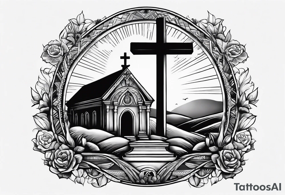 Tomb with cross and sun in the background tattoo idea