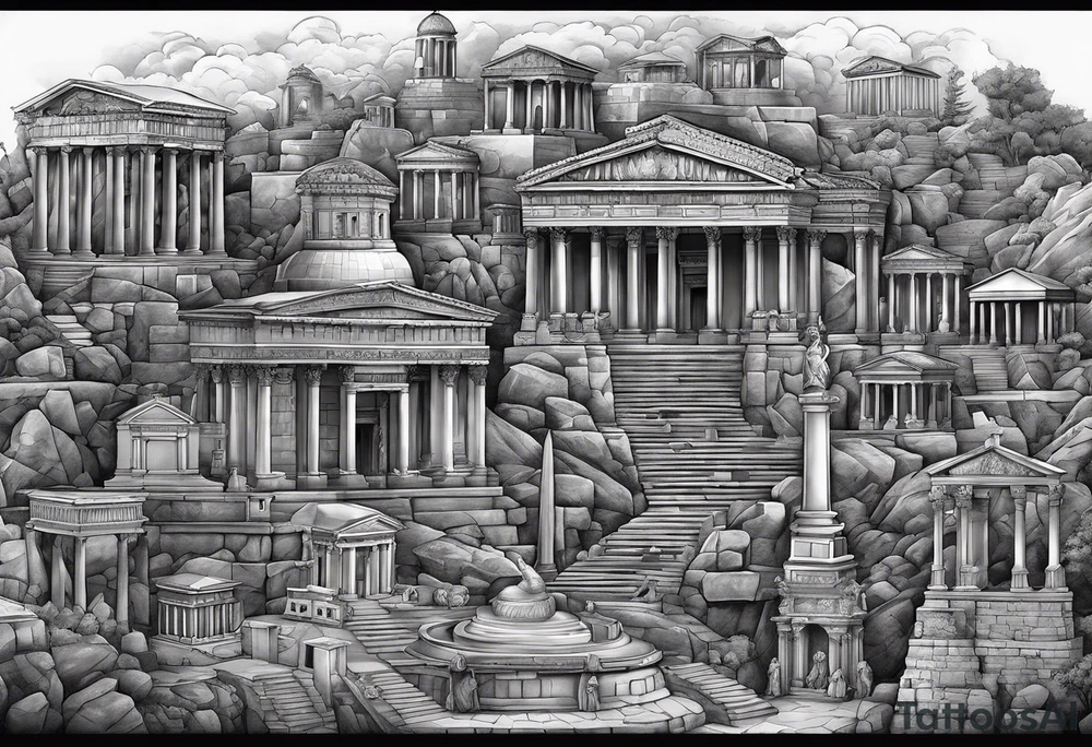 A full sleeve of Roman objects, buildings, and warriors tattoo idea