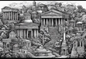 A full sleeve of Roman objects, buildings, and warriors tattoo idea
