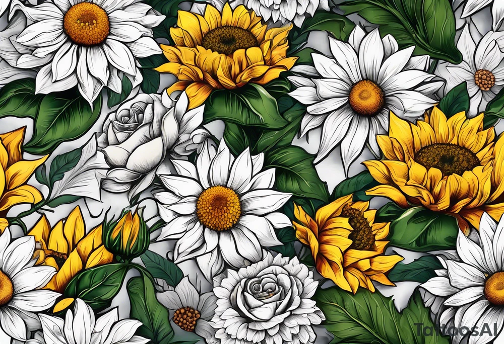 Sunflower daffodil, daisy, rose, Adler, chrysanthemum, holly tattoo idea