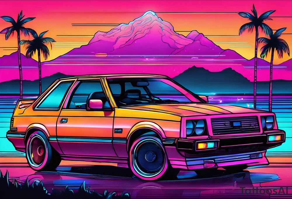 A synthwave scene with a casette, a car from the 80's and an old school computer tattoo idea